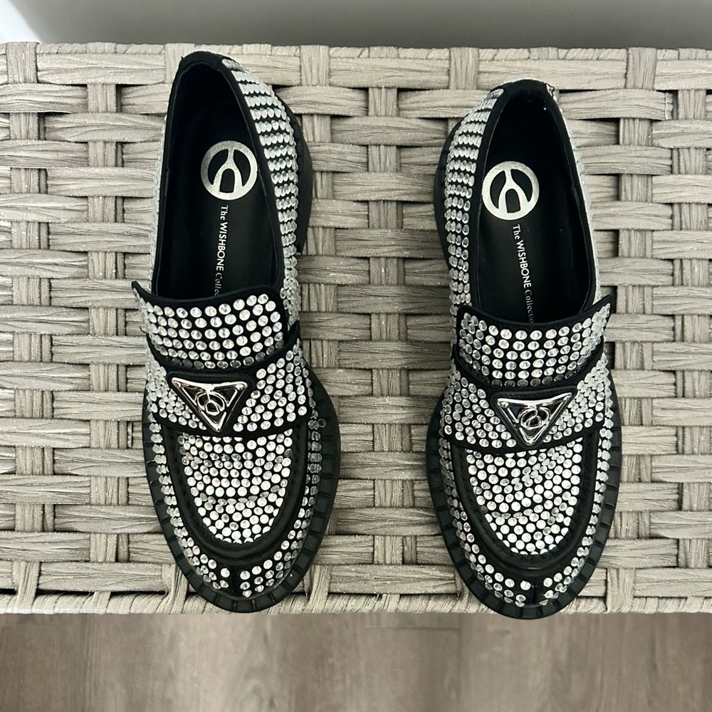 The Wishbone Collection Black and Silver Rhinestone Crystal Chunky Loafers